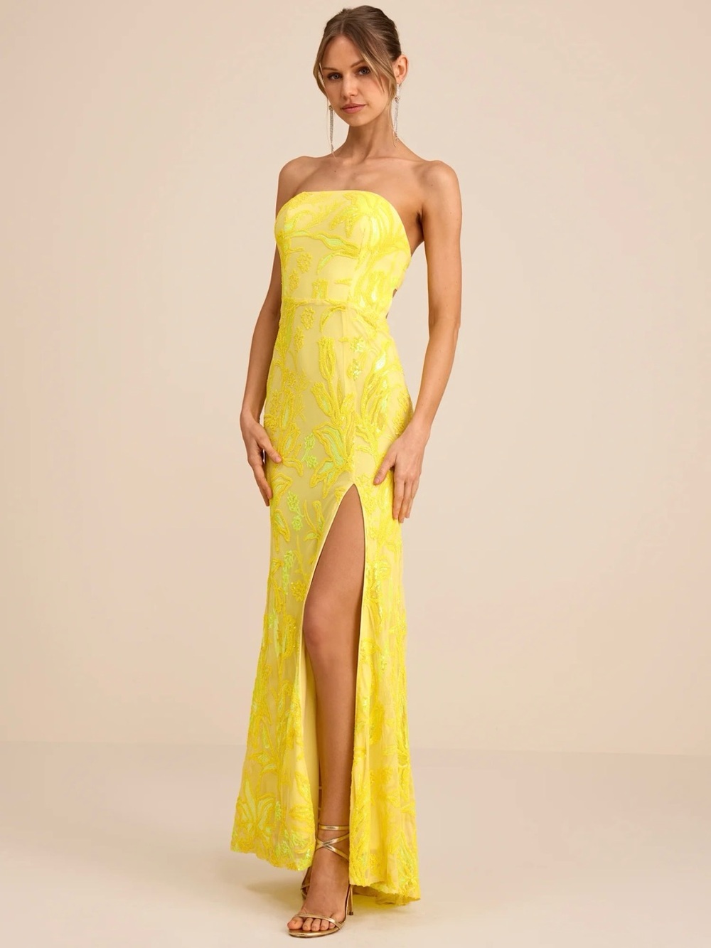 Lulu’s Shimmering Icon Yellow Sequin Lace-Up Strapless Maxi Dress